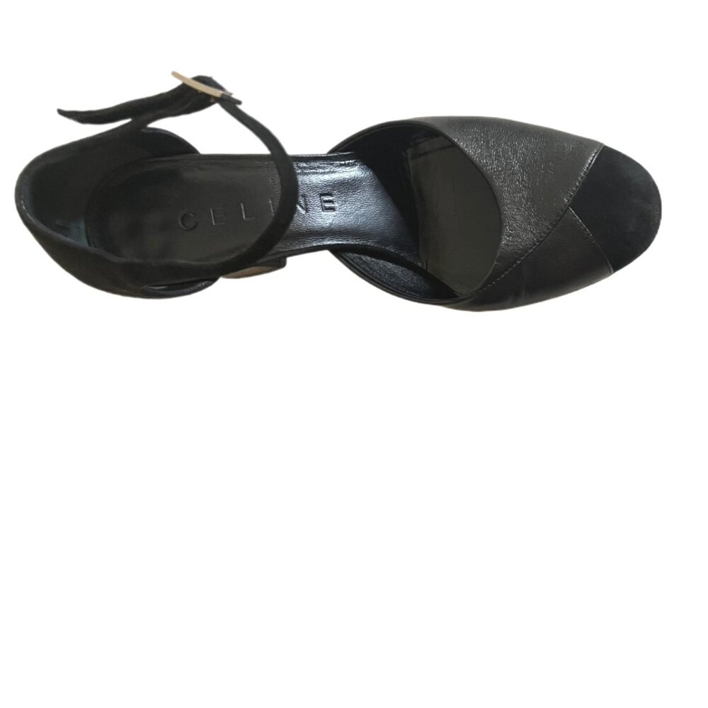 Celine Blk Leather/Suede Mary Jane’s Round Toe Chunky Heels Gold Buckle Size 37 - Picture 8 of 13